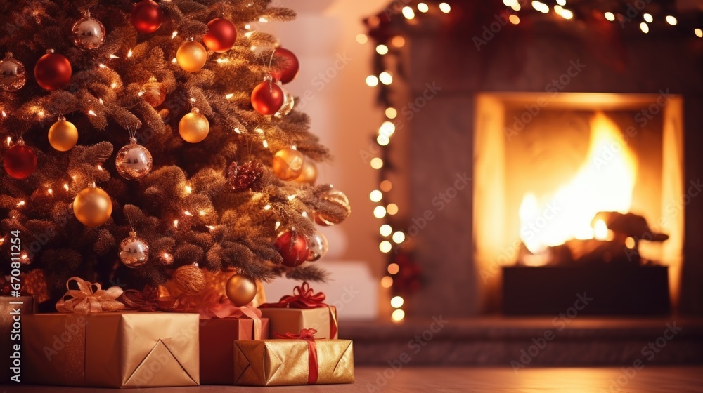 Beautiful elegant christmas tree with golden balls and gifts background.