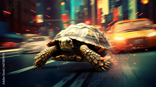 Turtle running extremely fast on busy city street, 