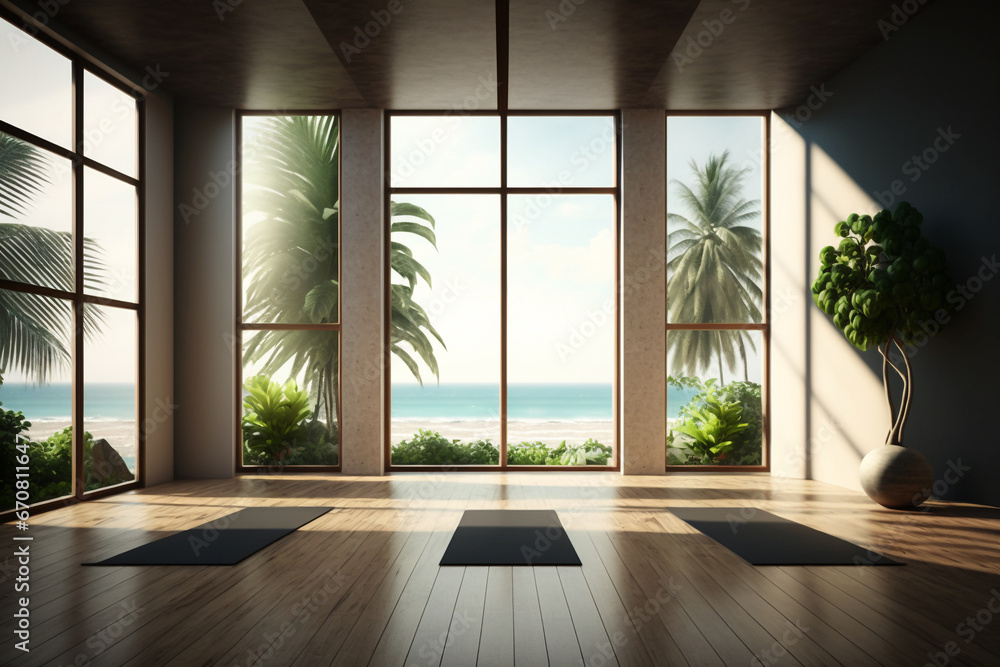 Fototapeta premium An at home studio for yoga and meditation in a luxury modern home overlooking the ocean. The perfect place for physical and mental health.