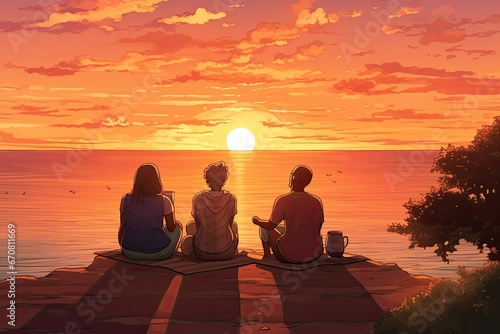 Illustration of a Multi generational Family Creating Lasting Moments While Enjoying the Sunset