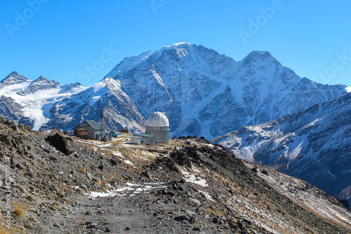 The view on the old observatory during the acclimatization walk in Mount Elbrus
