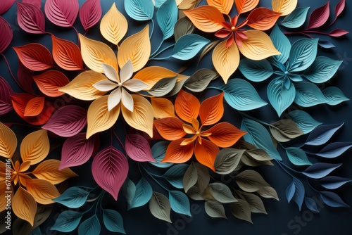 Cascade of paper leaves in a rainbow of colors, symbolizing the diversity and beauty of tropical flora, Generative AI 