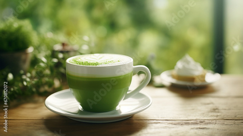 Front view Matcha green tea latte on the wood table with coffee shop background and sunshine. Created using generative AI.