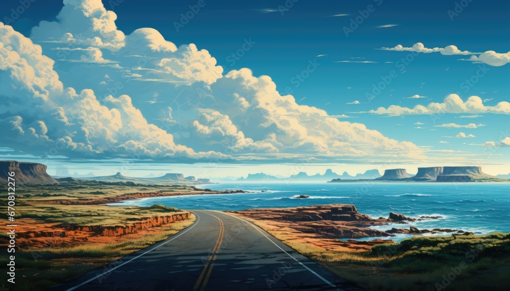 Illustration of a Coastal Road Framed by the Glistening Sea