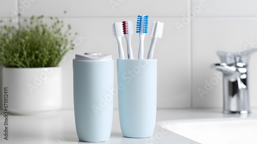 Holder with plastic toothbrushes on white countertop in bathroom