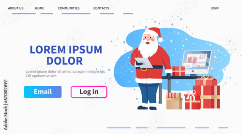 santa claus standing near wrapped gifts and using tablet pc christmas eve holiday happy new year celebration template horizontal