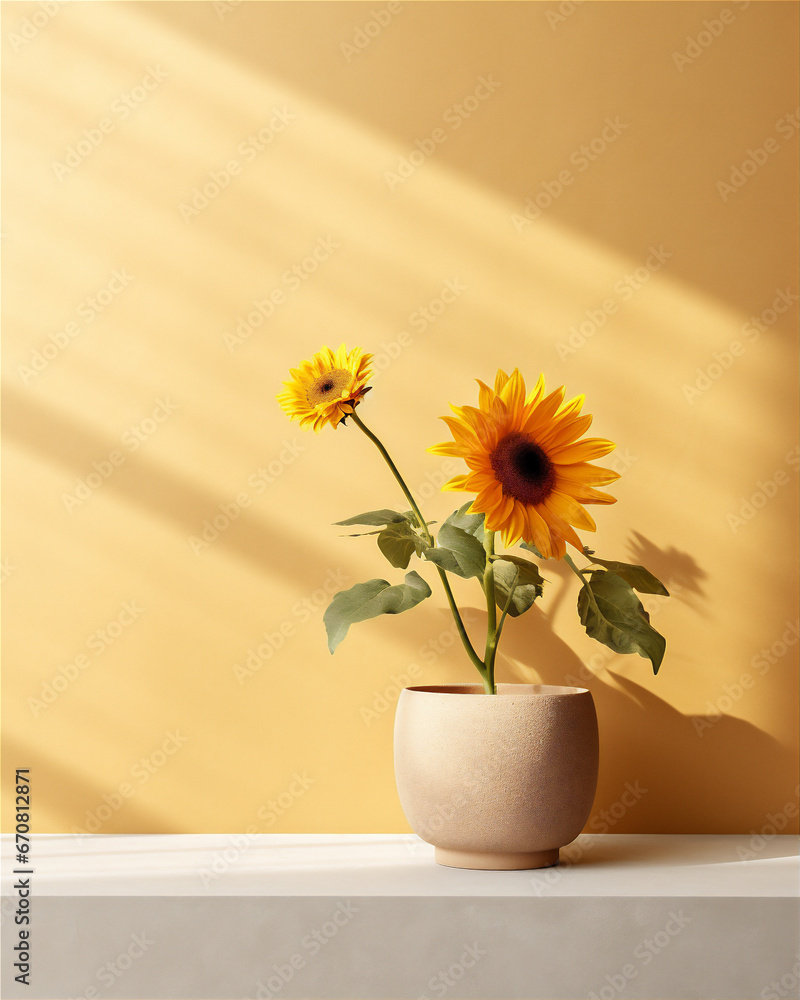plain wall interior with sunflower in pot on the edge of the wall