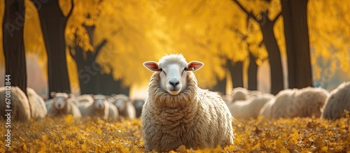 Autumn park filled with sheep