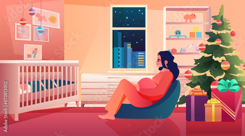 happy pregnant woman future mom sitting near crib and decorated christmas tree pregnancy motherhood expectation new year holidays celebration