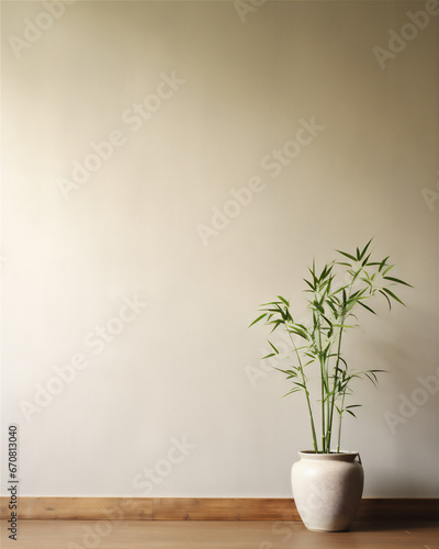 plain wall interior with bamboo plant in pot on the edge of the wall