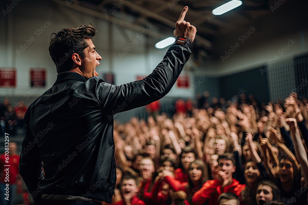 Inspiring high school football Caucasian coach delivering a passionate speech, promoting leadership and motivation to a captivated sports team.