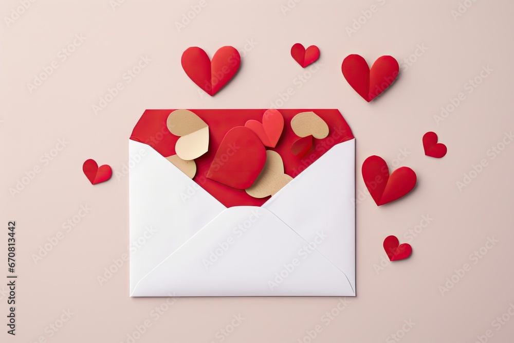 Envelope with paper hearts on pink background. Valentine's day concept. 3D Rendering, love letter envelope with paper craft hearts, AI Generated