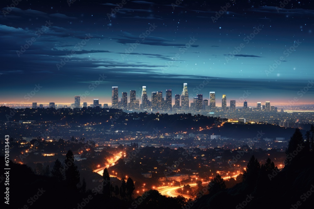 Los Angeles skyline at night, California, United States of America, Los Angeles at night, AI Generated Los Angeles skyline at night, California, United States of America, Los Angeles at night, AI Generated