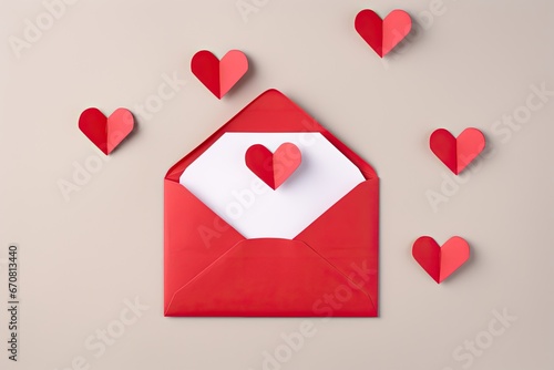 Envelope with paper hearts on light background, valentines day concept, love letter envelope with paper craft hearts, AI Generated