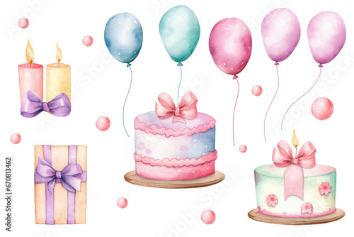 Watercolor birthday set  balloons  fires  bows and cakes  blowing out candles  isolated.