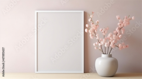 plain wall interior with empty photo frame mounted on the wall, tulip flowers in pot on the floor