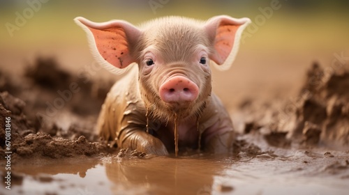 Pure joy of a baby piglet all dirty from splashing around in wet mud pool, adorable happy face smiling with large pink ears and cute snout, domestic animal farm closeup portrait.
