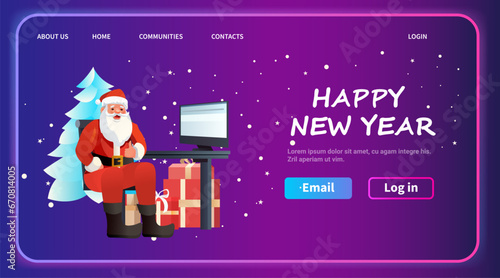 santa claus in red costume and hat sitting at workplace with thumbs up gesture christmas eve holiday happy new year celebration
