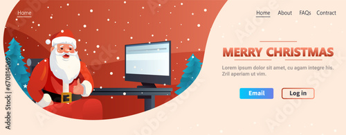 santa claus in red costume and hat sitting at workplace with thumbs up gesture christmas eve holiday happy new year celebration