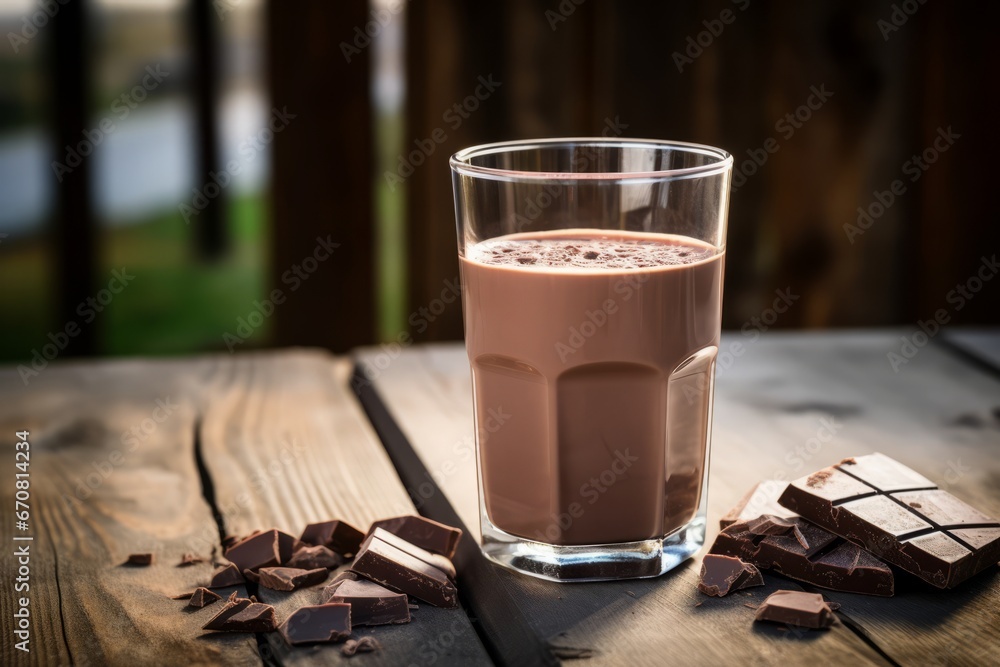 A glass of creamy chocolate almond milk awaits on a sunlit wooden table for a nourishing breakfast - obrazy, fototapety, plakaty 