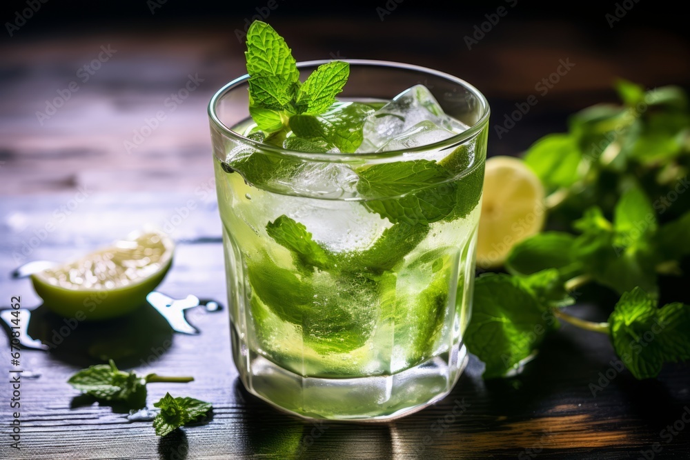 A Perfect Summer Day with a Chilled Glass of Mint Cooler on a Vintage Wooden Table A Perfect Summer Day with a Chilled Glass of Mint Cooler on a Vintage Wooden Table