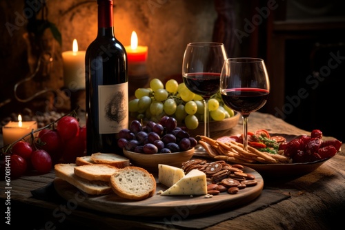 An inviting scene of Spanish tradition with a glass of Tempranillo wine and tapas on a rustic table