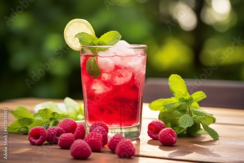 A tantalizing Raspberry Fizz cocktail adorned with fresh fruit on a sunny day at a garden party