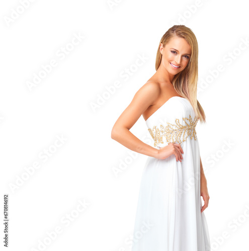 Portrait, wedding and luxury with a woman bride in a dress isolated on a transparent background. Beauty, fashion or glamour style with an elegant young female model in a classy event outfit on PNG
