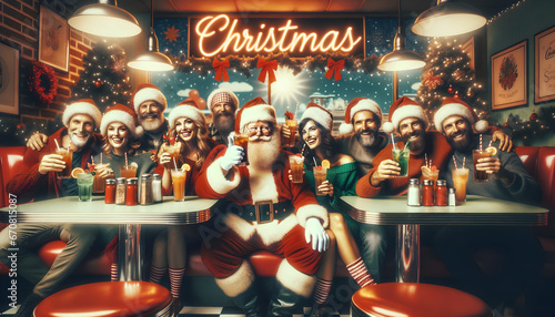 A Festive Photograph of Santa Claus Sitting at a Retro Diner with his Diverse Group of Helpers, All Joyfully Sipping on Refreshing Drinks. The Ambiance is filled with Holiday Cheer. Generative AI, 4K photo