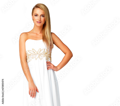 Confident woman, prom dress and portrait for fashion isolated on a transparent png background. Style, aesthetic and model with designer luxury clothes for party, event or gala celebration in Sweden. © Sumeet/peopleimages.com