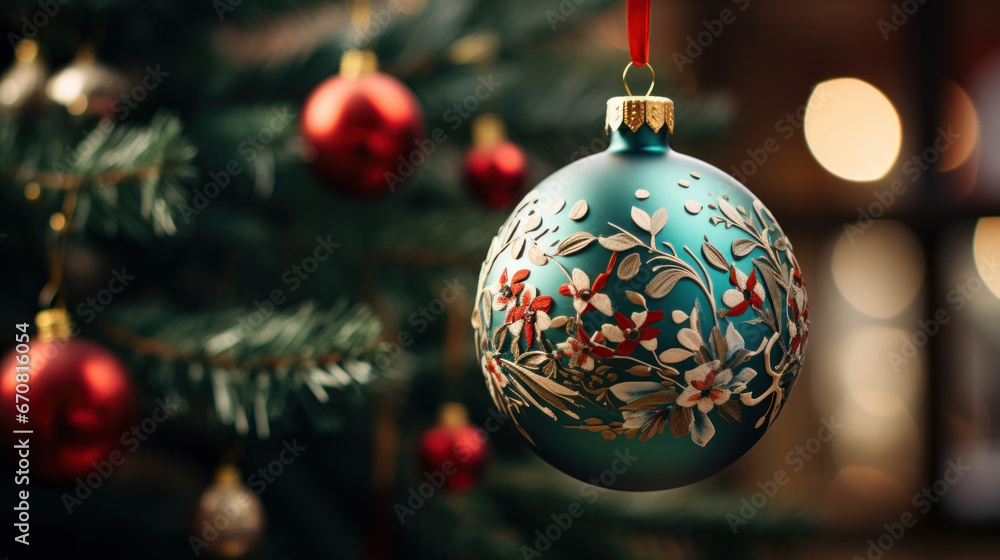 Elegant Christmas bauble with a green background displaying a sophisticated gold and white floral design.
