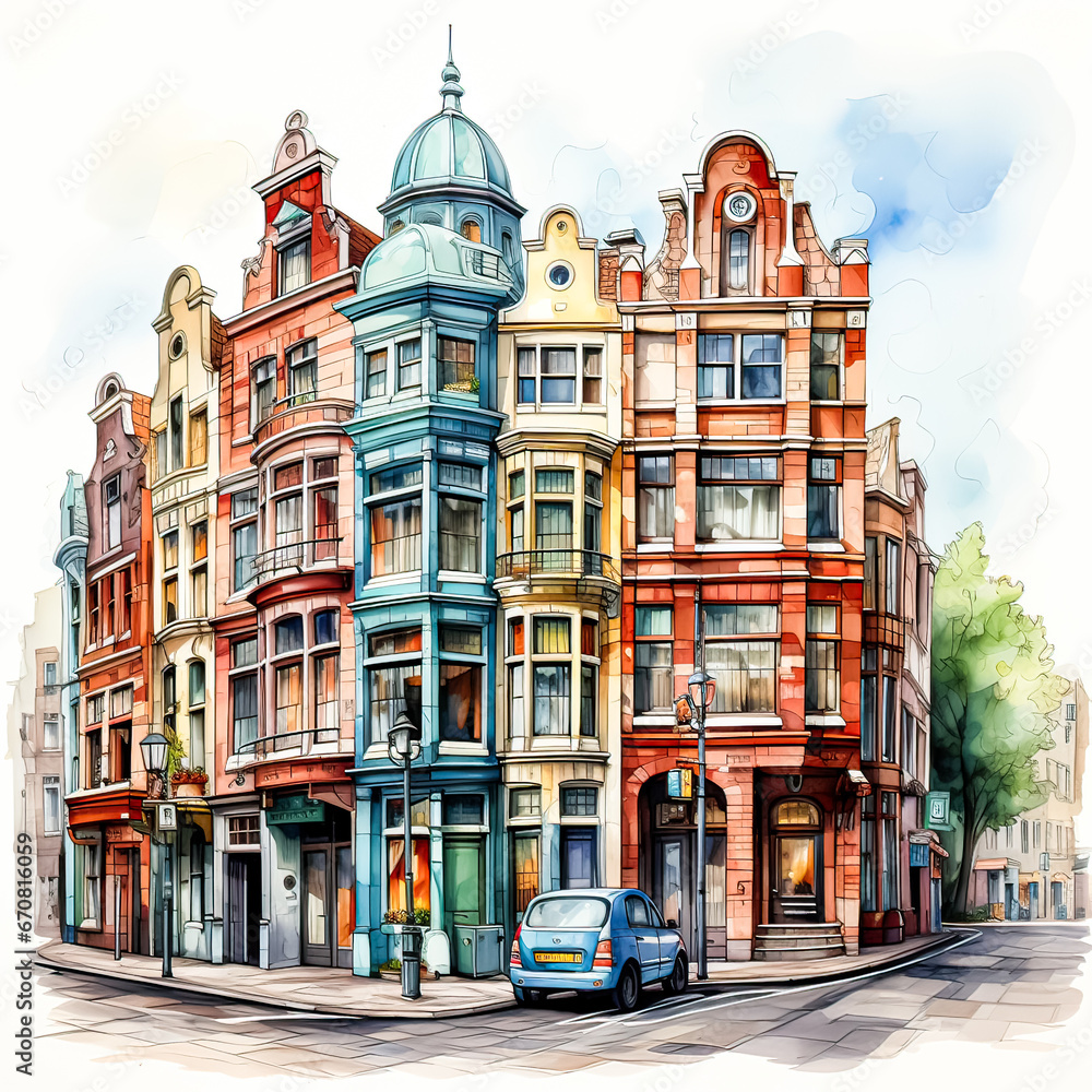Watercolor art captures the vibrant houses of Amsterdam, harmonizing with the scenic landscape