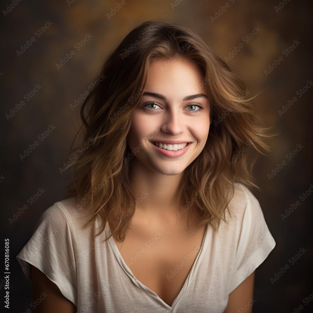 Young cheerful fair haired European woman with makeup smiles tenderly has healthy clean skin looks directly at camera dressed in casual wear poses in studio against grey background. Beauty concept Young cheerful fair haired European woman with makeup smiles tenderly has healthy clean skin looks directly at camera dressed in casual wear poses in studio against grey background. Beauty concept
