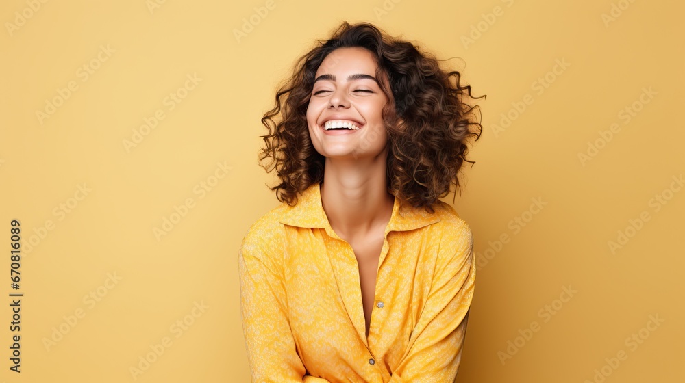Portrait of a cheerful young woman wearing yellow shirt standing isolated over yellow background, looking at camera, posing - obrazy, fototapety, plakaty 