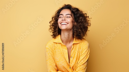 Portrait of a cheerful young woman wearing yellow shirt standing isolated over yellow background, looking at camera, posing photo