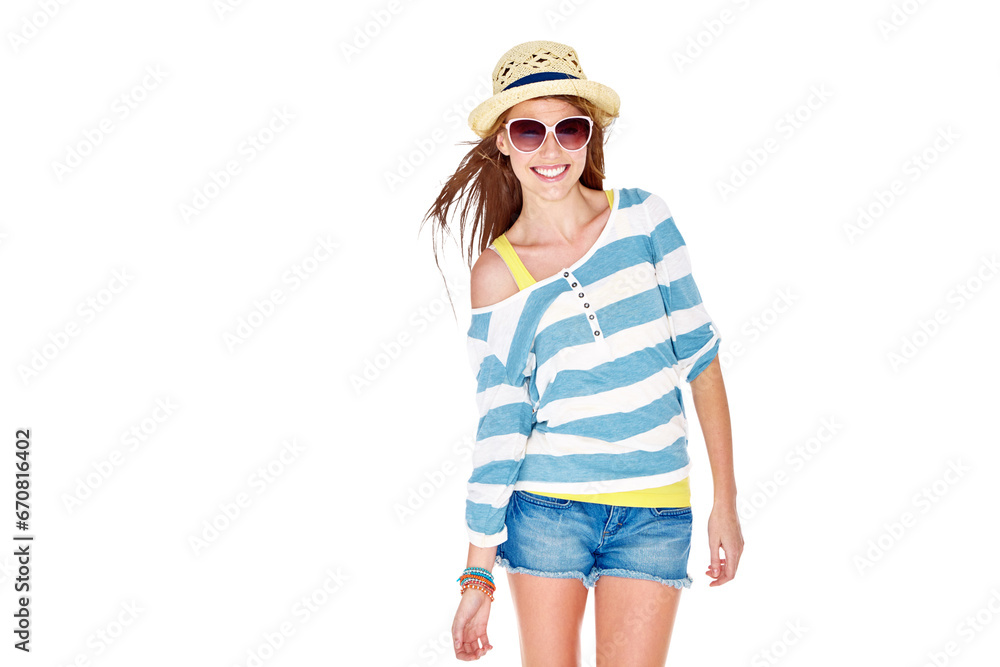 Summer happiness, fashion portrait and woman with spring clothes, trendy casual outfit and smile on vacation. Holiday freedom, stylish apparel and relax person isolated on transparent, png background Summer happiness, fashion portrait and woman with spring clothes, trendy casual outfit and smile on vacation. Holiday freedom, stylish apparel and relax person isolated on transparent, png background