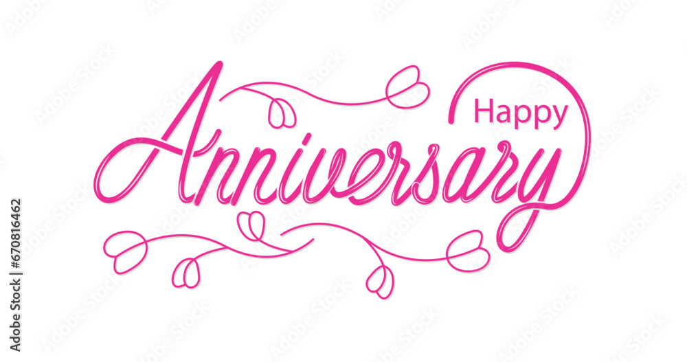Happy Anniversary greeting card. Handwritten vector line lettering. Typography vector design for greeting cards and posters. Modern calligraphy in pink color with floral.