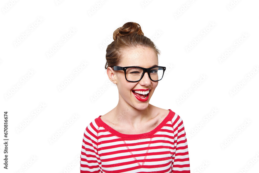 Wink, glasses and study with portrait of woman on png for nerd, education and youth. Happy, fashion and flirting with face of student isolated on transparent background for hipster confidence