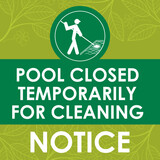 vector illustration signage text: pool closed temporarily for cleaning with a man icon cleaning the water pool he handling a cleaning tools. ready to print for hotel,villa,resort,university,water park