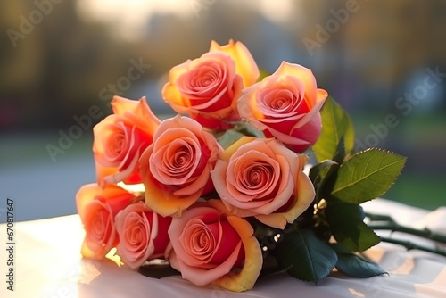 Beautiful bouquet of orange roses on the table. 