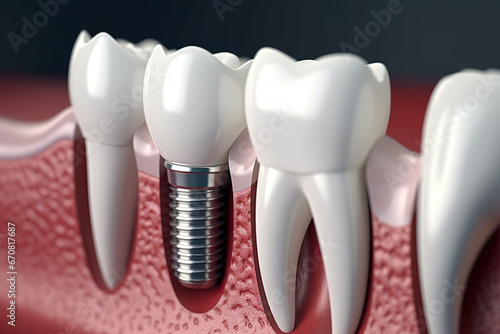Closeup view of prosthetic dental implant and teeth. 