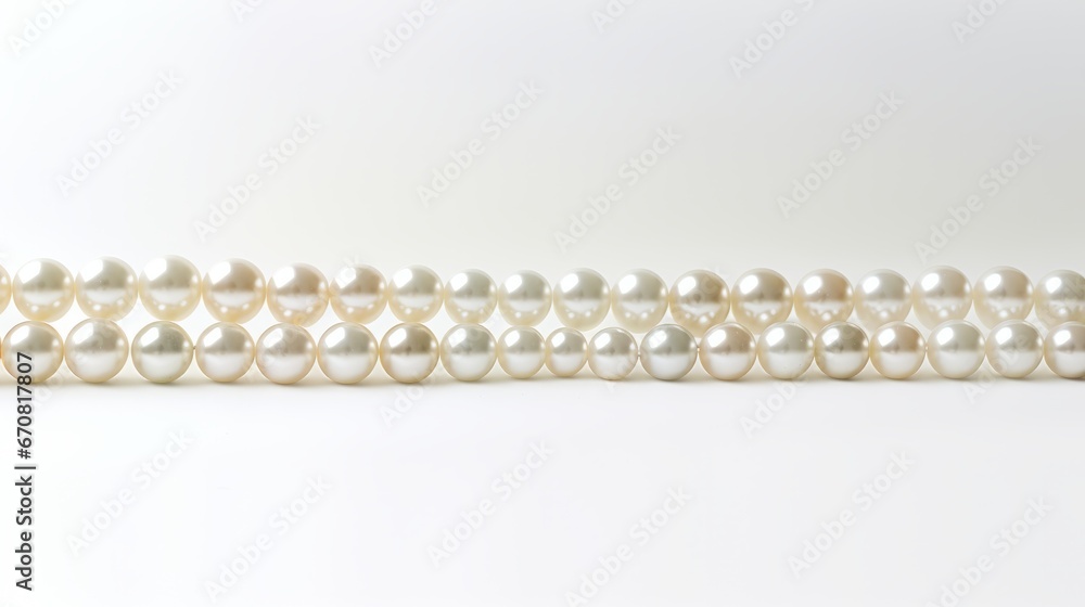 String of pearls on white background. White and round pearls with iridescence. Pearls decrease in size towards the ends. Perfect for themes of elegance, luxury and beauty. String of pearls on white background. White and round pearls with iridescence. Pearls decrease in size towards the ends. Perfect for themes of elegance, luxury and beauty.