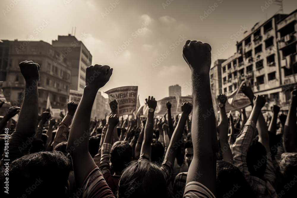 A raised fist of a protestor at a political demonstration with human rights - obrazy, fototapety, plakaty 
