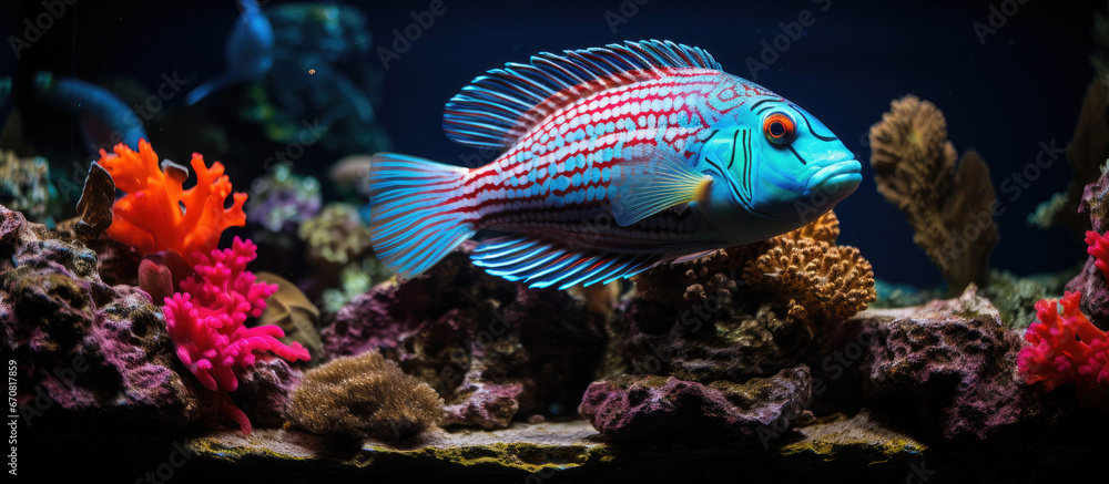 close view of a beautiful fish in the water with lots of coral