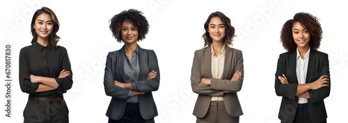 Set of Portrait of young business woman happy smiling and standing posing arms crossed, isolated on white background, png