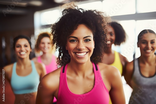 Diverse individuals from different cultures working out in fitness studio. Smiling women from various cultural communities come to exercise in fitness studio showing diversity. Female health club.