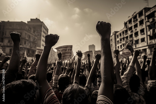 A raised fist of a protestor at a political demonstration with human rights photo