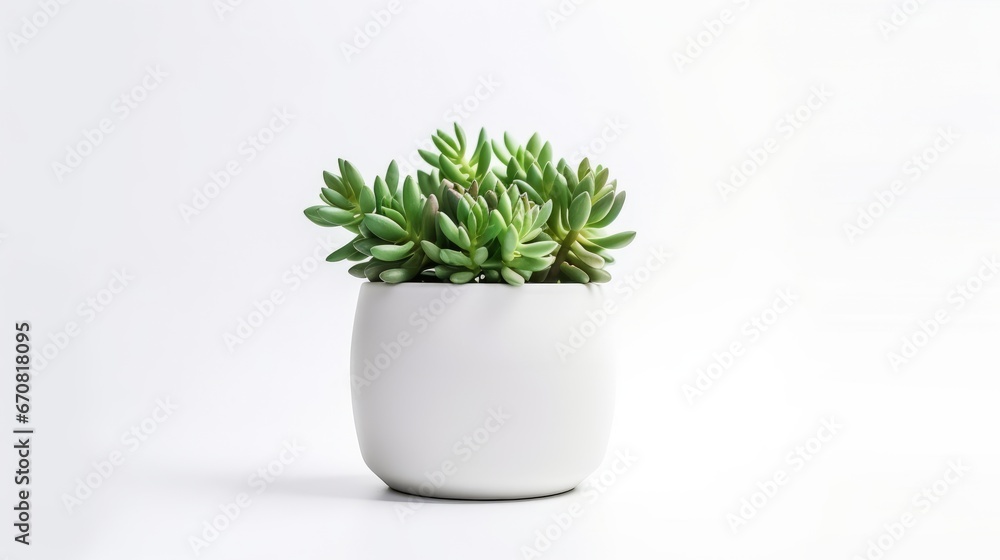 A small succulent plant in a white ceramic pot on a plain white background.minimalist and modern style. The succulent has green leaves that are pointed at the tips, giving it a geometric shape. A small succulent plant in a white ceramic pot on a plain white background.minimalist and modern style. The succulent has green leaves that are pointed at the tips, giving it a geometric shape.