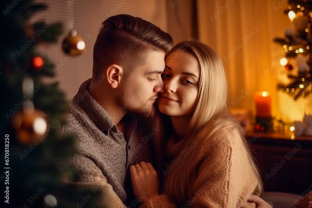 couple in love hugging in the room near the Christmas tree