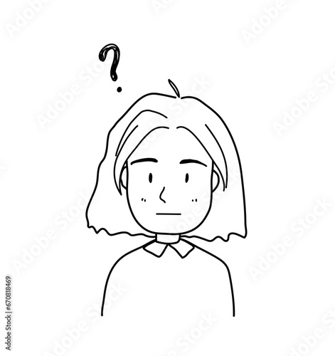 Curious girl questioning about something in her mind, hand drawn vector doodle, isolated on a white background.